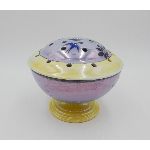 Lusterware Flower Frog Rim Domed Hand Painted Japan Birds Leaves Purple Green - Picture 3 of 16